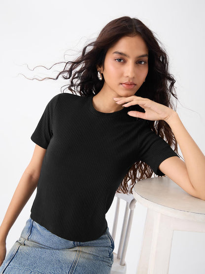 The Souled Store Ribbed T-Shirt: Black Women and Girls Short Sleeves Round Neck Polyester Blend Regular Fit T-Shirts