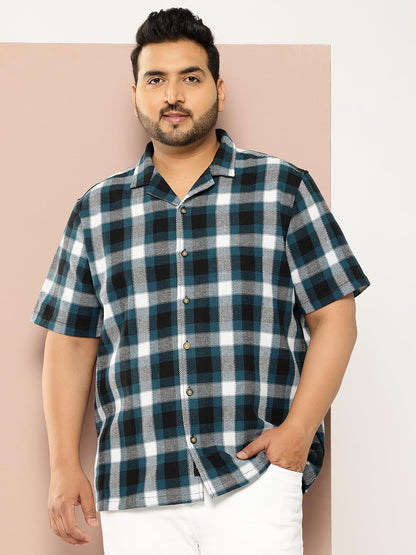 Thomas Scott Men | Short Sleeves | Regular Fit Plus Size | Windowpane Checks | 100% Cotton | Cuban Collar | Casual Shirt(TS1729_