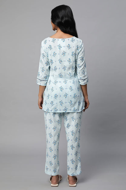 Blue Floral Print Summer Kurti Co-Ord Set