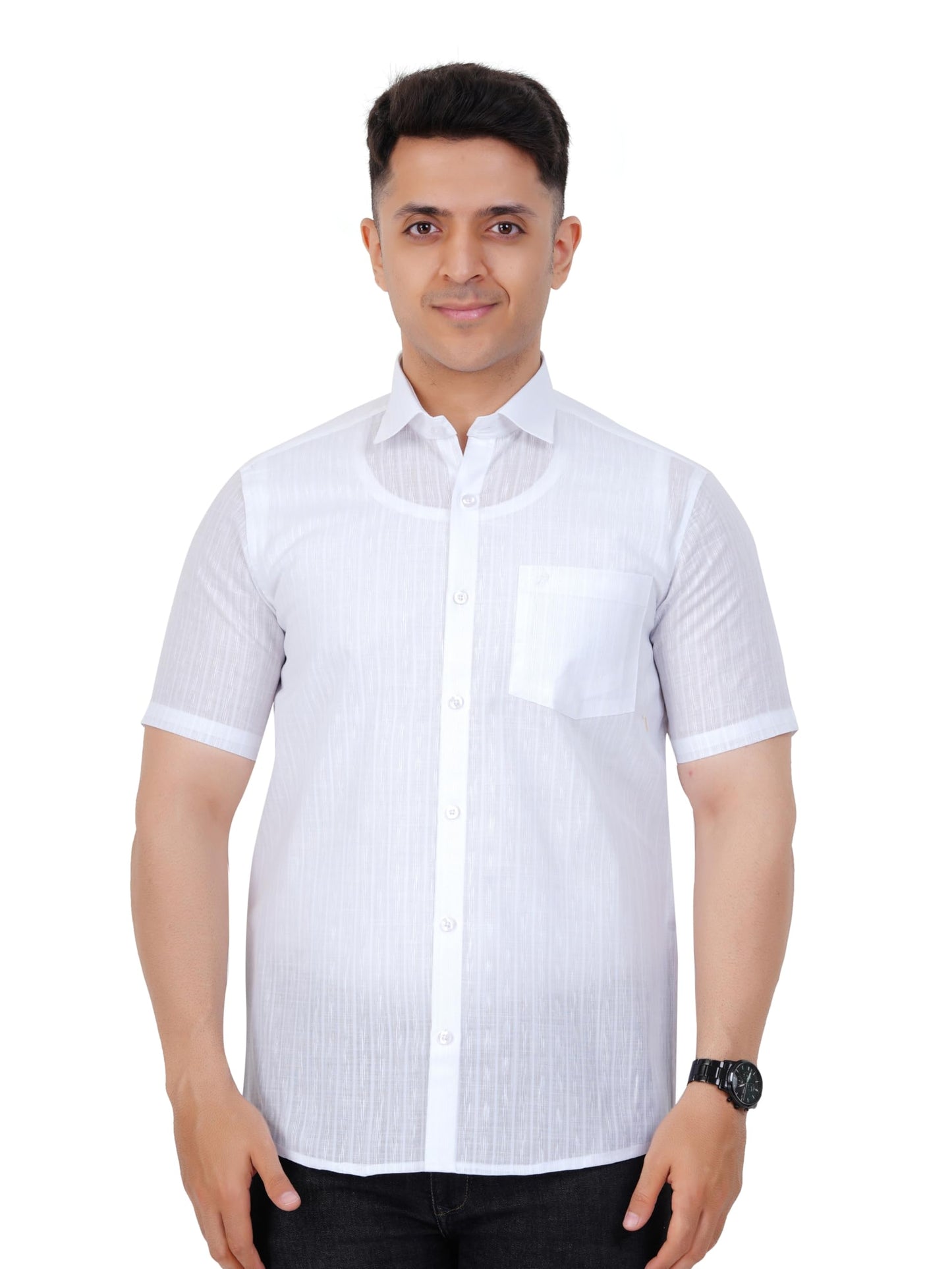 PRAKASAM COTTON Minister Cotton White Half Sleeve Shirt for Mens/Transparent Self Design Cotton White Regular Fit Shirt for Men