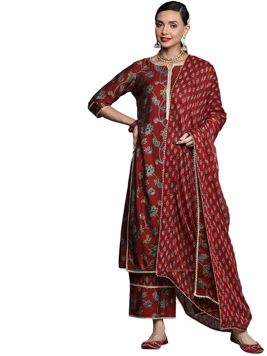 Libas WomenS Silk Blend Kurta Sets (20258O_Maroon