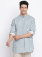 Fabindia Men's Teal Linen Blend Printed Slim Fit Short Kurta