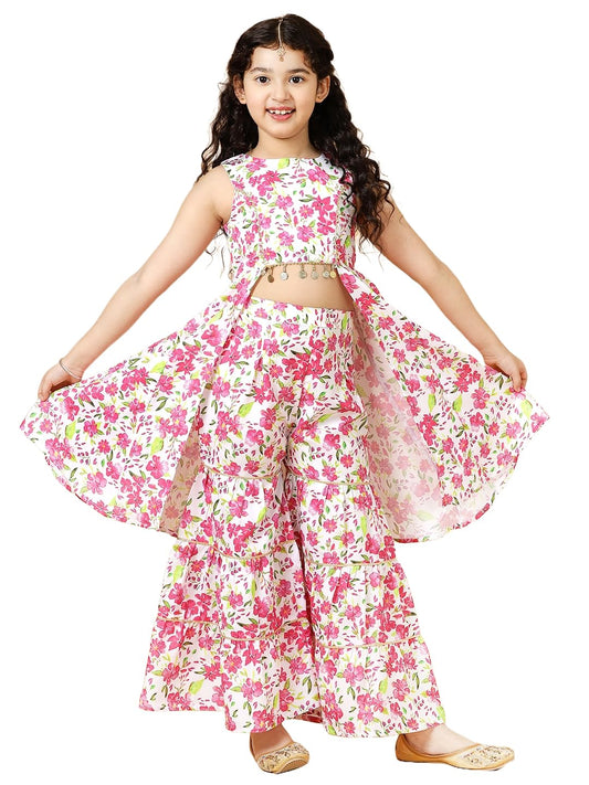 A.T.U.N. (All Things Uber Nice) A.T.U.N. Girls Ethnic Wear Sharara | Floral Fuchsia Printed Kurta With Sharara Set For Girls