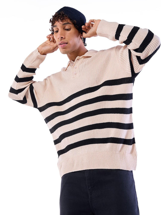 Bewakoof MenS Striped Oversized Fit Full Sleeve Polo 100% Acrylic Sweater_644663_Beige_Xl