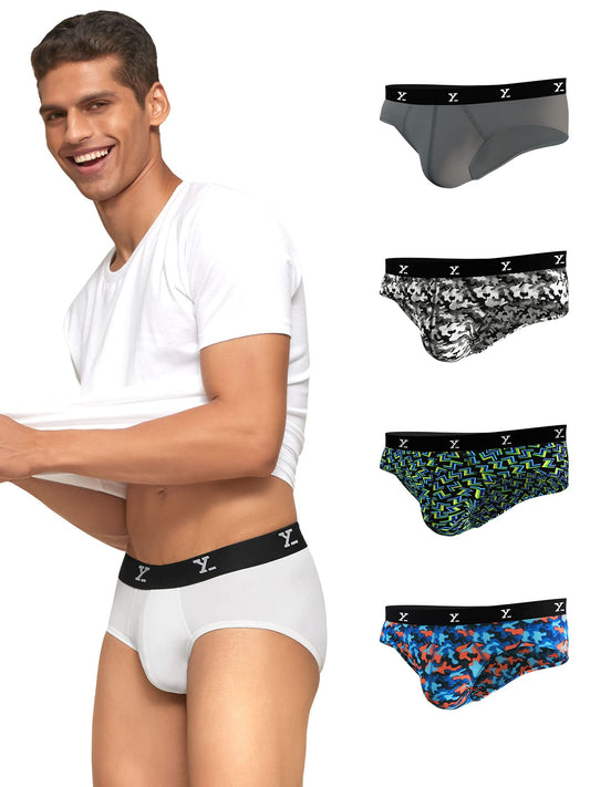 XYXX Mens Underwear Shuffle IntelliSoft Antimicrobial Micro Modal Brief Pack of 5 (Camo Blue & Orange ; Lightning Bolt ; Camo M