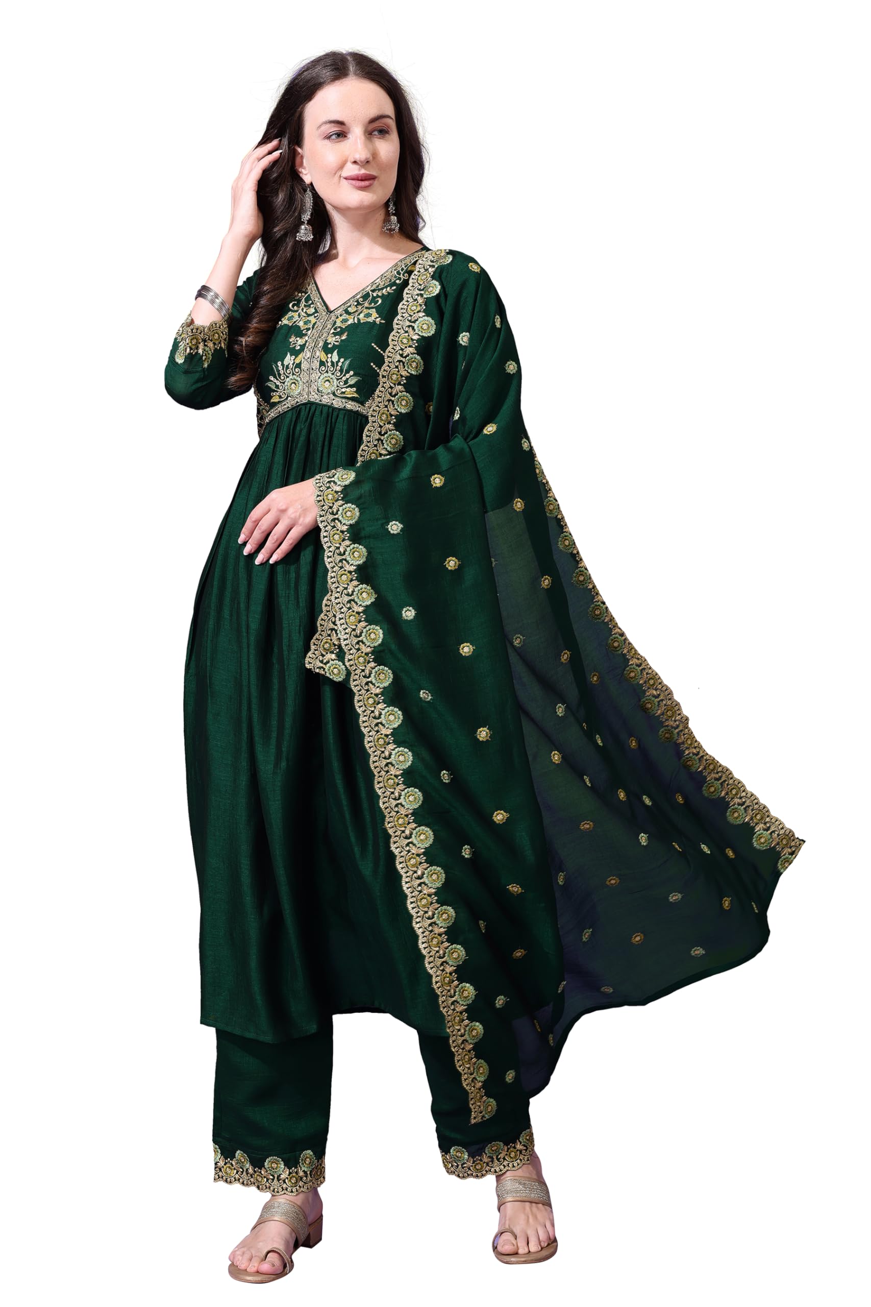 Pratham Blue WomenS Silk Embroidered Anarkali Kurta Palazzos With Dupatta |Kurta Set For Women |WomenS Kurta |Women Embroidere