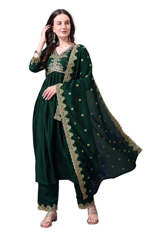 Pratham Blue WomenS Silk Embroidered Anarkali Kurta Palazzos With Dupatta |Kurta Set For Women |WomenS Kurta |Women Embroidere