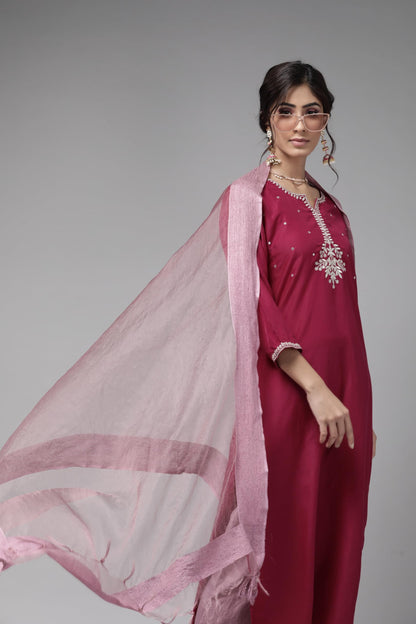 Varanga Magenta Zari Embroidery Kurta with Mauve Palazzo and Bhagalpuri Silk Dupatta.