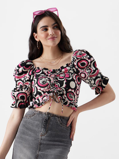 The Souled Store Official Powerpuff Girls: Flower Power Women and Girls Skinny Fit Half Sleeve Graphic Print Polyester Black Col