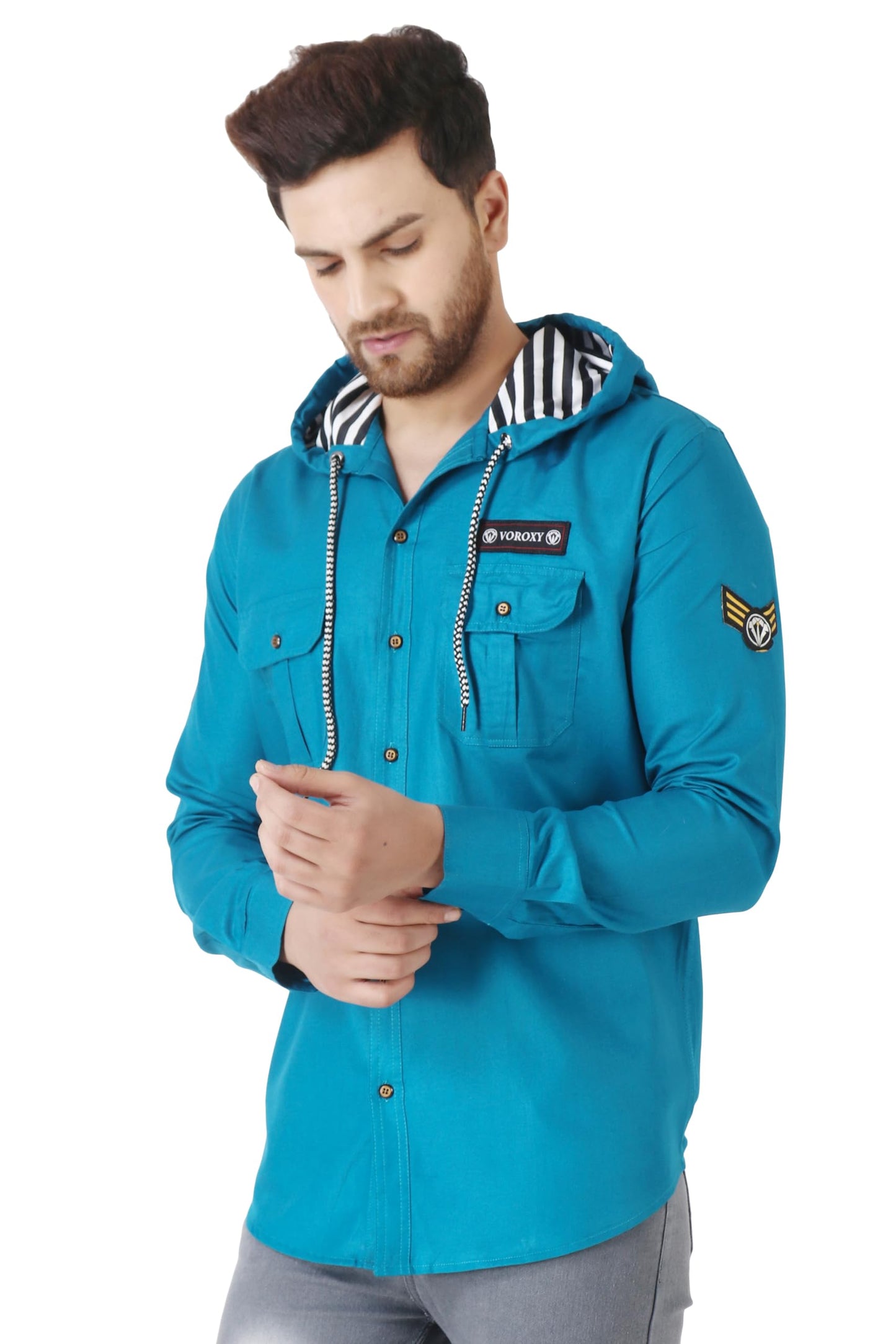 Besix MenS Blue Tailored Fit Cotton Blend Shirt For Man With Hoodie - Casual Long Sleeve Shirt With Pockets - Patch Detail For