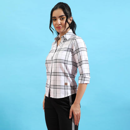 Campus Sutra Womens Navy Blue Tartan Plaid Button Up Regular Fit Shirtfor Casual Wear | Spread Collar | Long Sleeves | Cotton S
