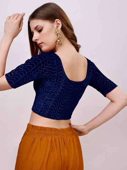 Vihu Fashion Womens Readymade Hosiery Velvet Lycra Stretchable Round Neck Half Sleeve Blouse with jari Work Fancy Navy Blue Col