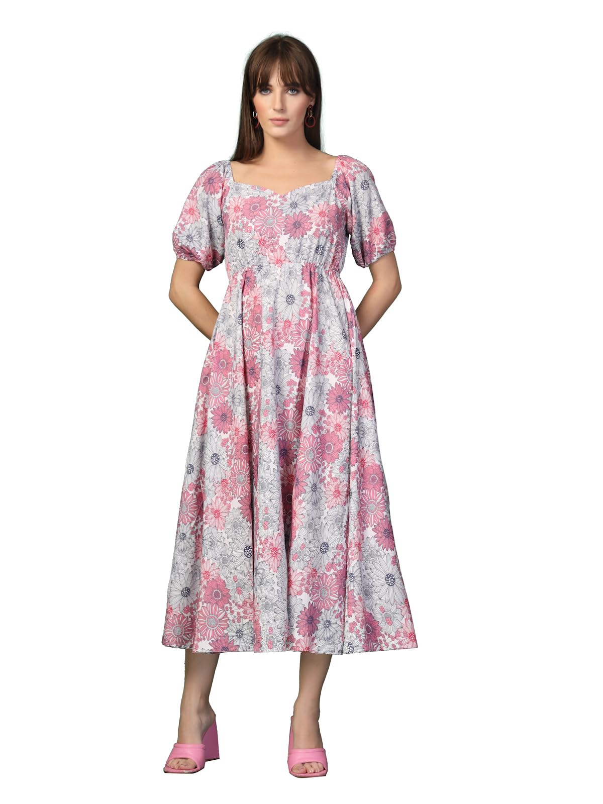Oomph! Flared Dress For Women Stylish | Long One Piece For Women | Puff Sleeve Long Dress | Floral Print Maxi One Piece | Wester