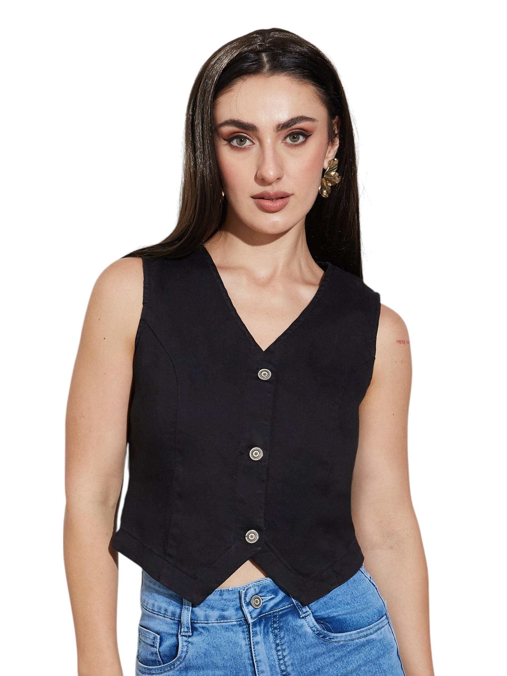 Miss Chase Womens V Neck Sleeveless Solid Waistcoat-Styled Cropped Denim Top (MCAW25DEN61-36-NOB-05, Obscura Black, L)