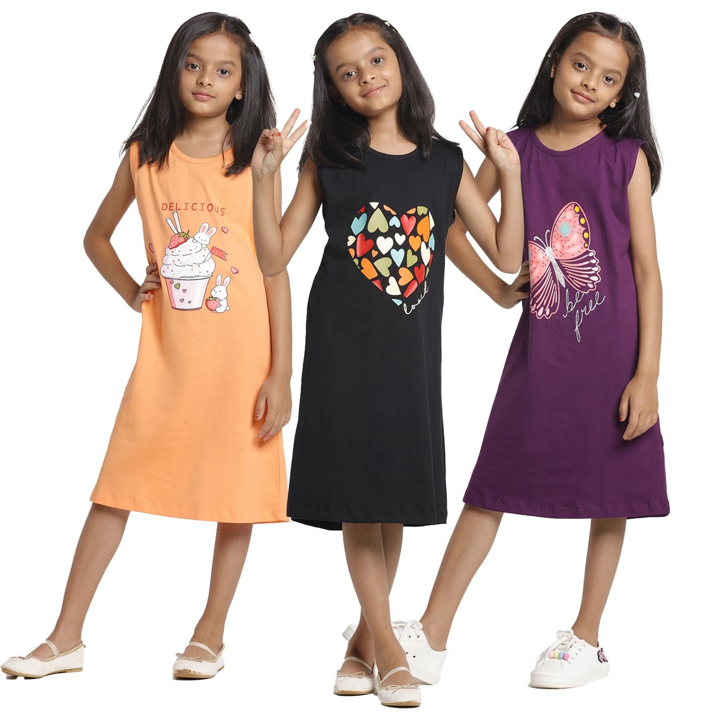 T2F Girls Sleeveless 100% Cotton Knee Length Printed Nightgown, Nightdress, Sleepwear (Pack of 3)