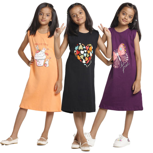 T2F Girls Sleeveless 100% Cotton Knee Length Printed Nightgown, Nightdress, Sleepwear (Pack of 3)