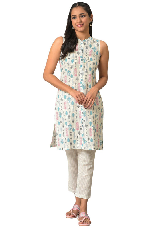 Aurelia Geometric Printed Off White Cotton WomenS Kurta And Trousers Set