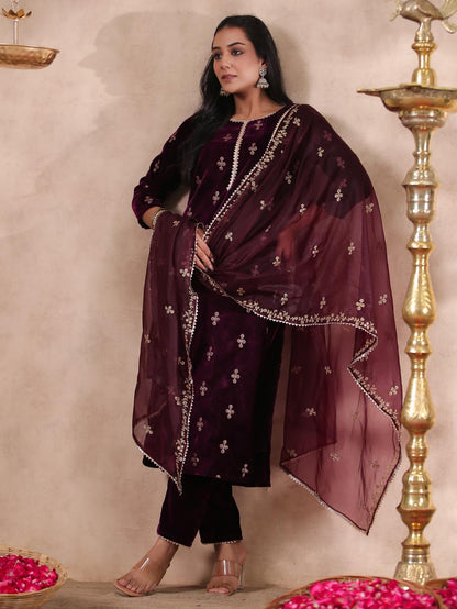 ishin Womens Velvet Self Design Purple Straight Kurta Suit Set with Trousers and Dupatta