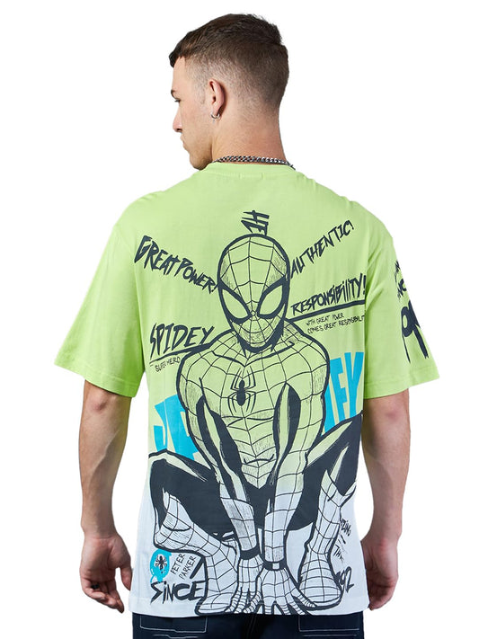Bewakoof Official Marvel Merchandise Mens Ombre Oversized Fit Half Sleeve Round Neck Cotton Jersey T-Shirt 616999 Green_M
