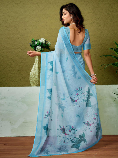 Satrani WomenS Linen Zari Border Printed Ready To Wear One Minute Pre Pleated Readymade Saree With Unstitched Blouse Piece (34R