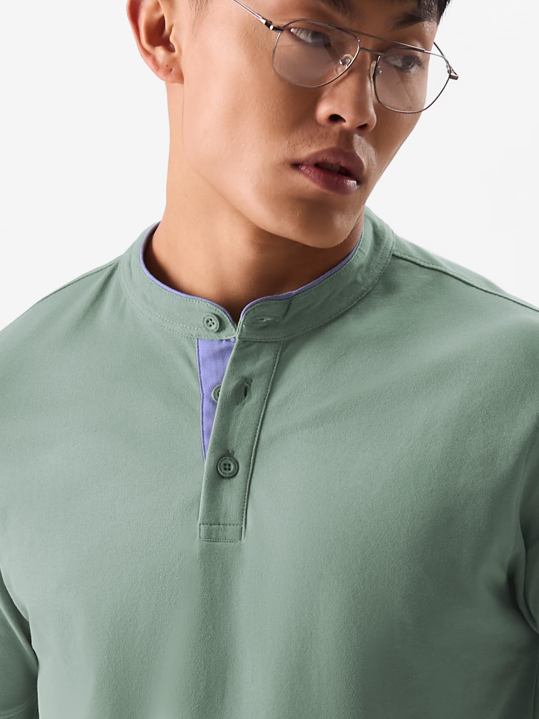 The Souled Store Solids: Sage Green Mens Regular Fit Solid Half Sleeve Cotton Green Mandarin Polos Mandarin Polos Fashionable Tr