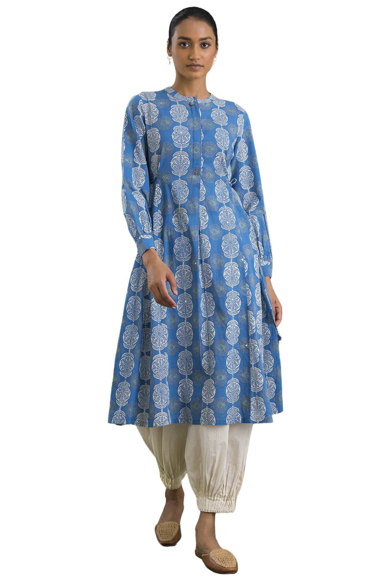 W for Woman Blue Block Printed Flared Kurta
