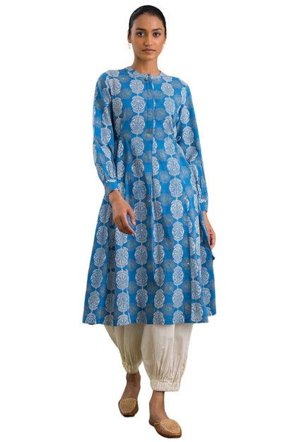 W for Woman Blue Block Printed Flared Kurta