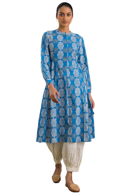 W for Woman Blue Block Printed Flared Kurta