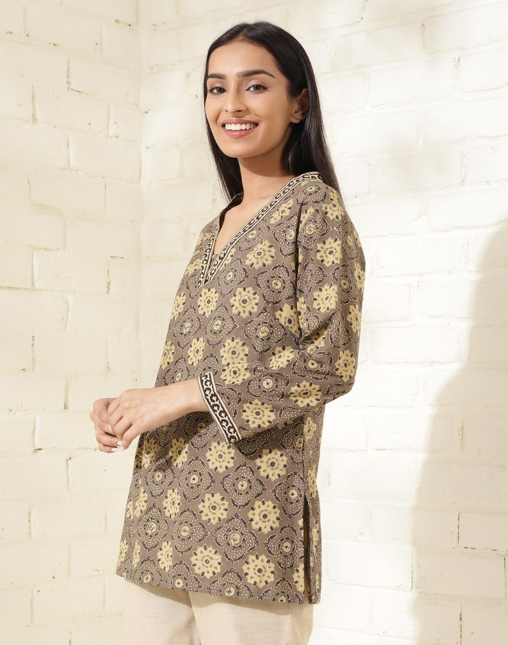 Fabindia WomenS Cotton Printed Slim Kurta (1037347Grey- Grey-Mustard
