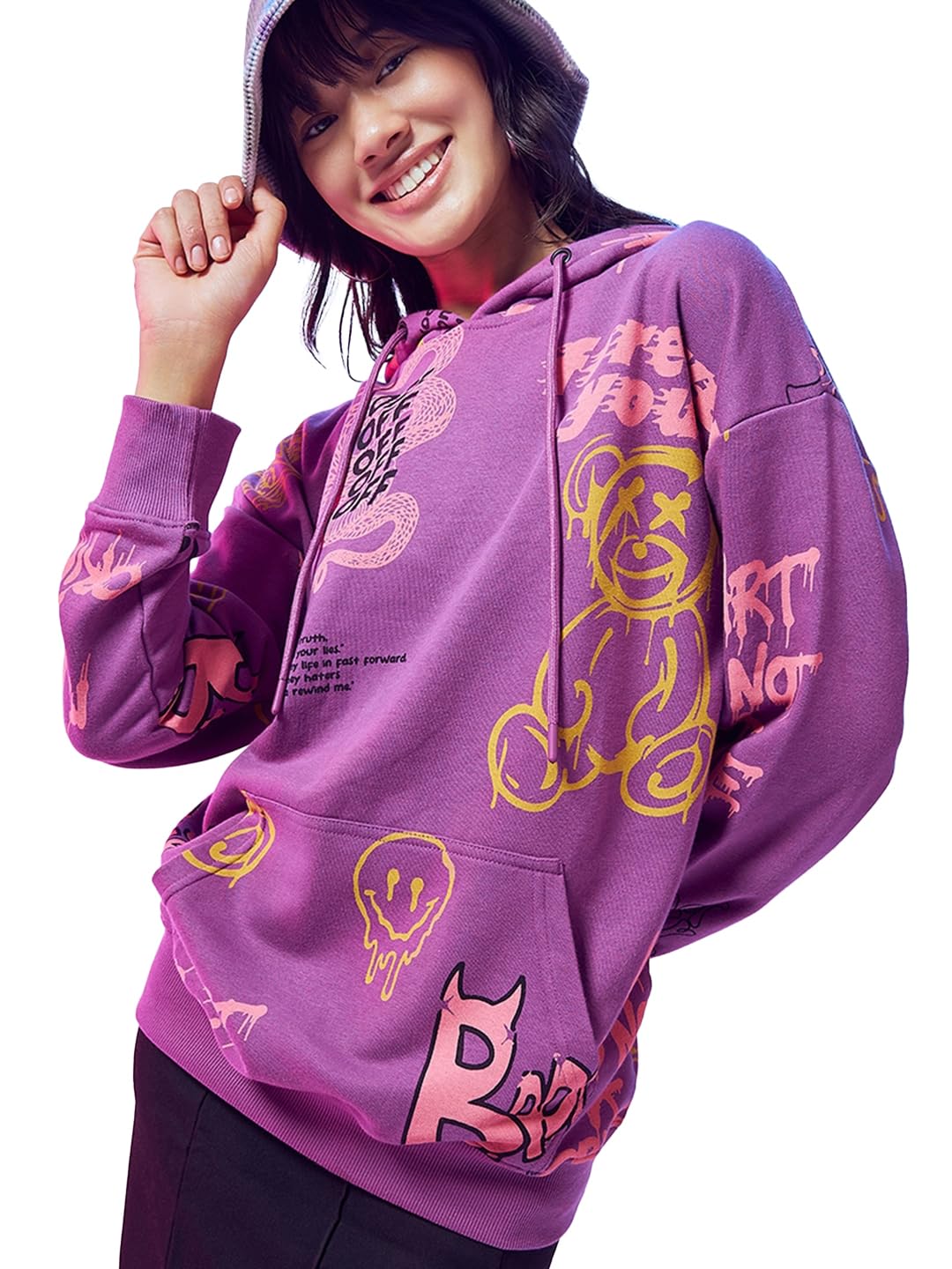 Bewakoof Womens Graphic Printed Oversized Hoodie_601615_Purple_XL