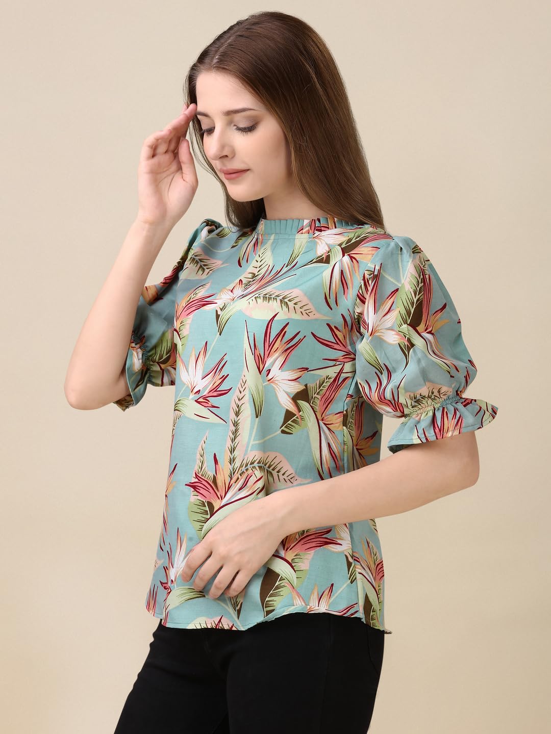 Gufrina WomenS Rayon Top With Half Sleeves High Round Neck Floral Printed Regular Fit Western Style And Standard Length