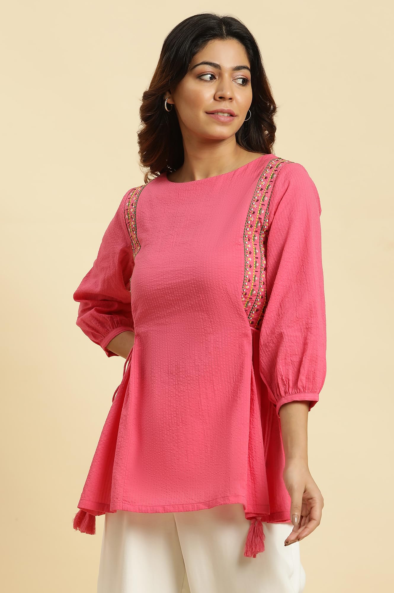 W Pink Textured Cotton Tunic Top For Women