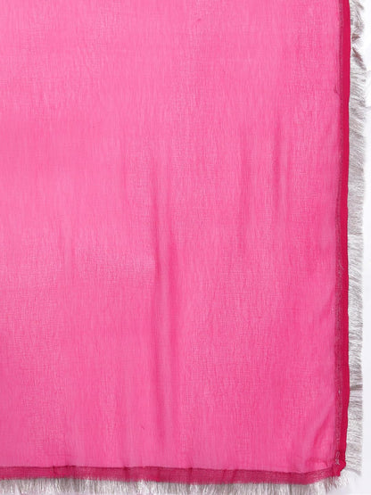VARANGA Women Fuchsia Leheriya Print V-Neck With Lace Detail A Line Kurta With Bottom And Dupatta.