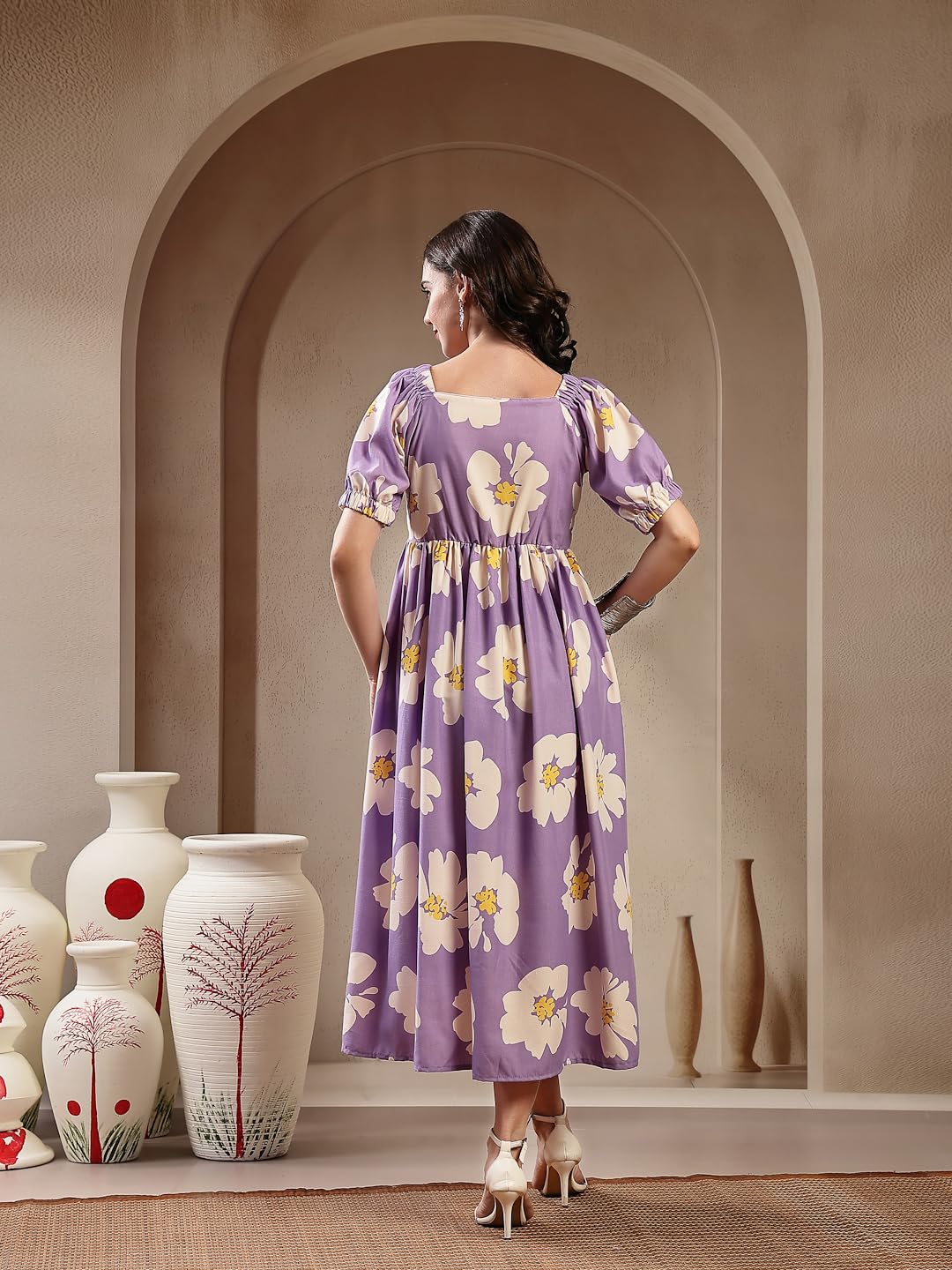 Stylum Womens Floral Printed Rayon Flared Dress Lavender