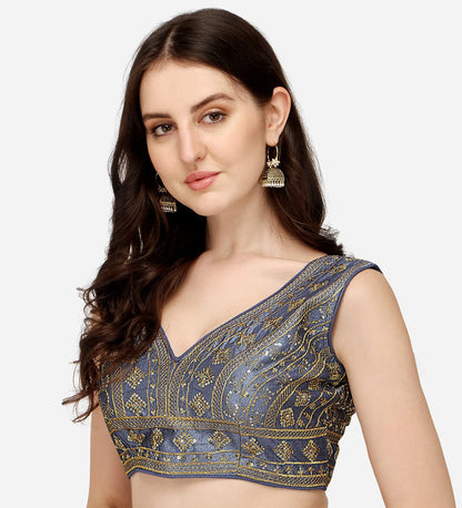 Vihu Fashion WomenS Silk Embroidery Sequins Zari Work Readymade Saree Blouse