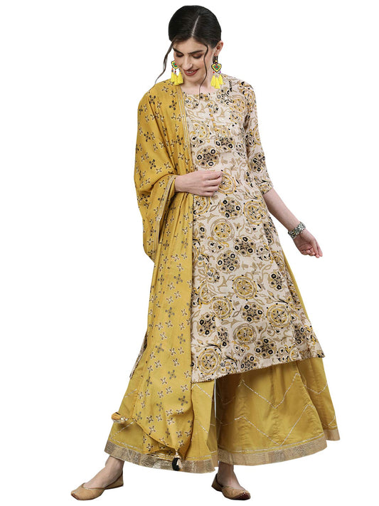 ishin Women's Rayon Off White & Mustard Zari Embellished A-Line Kurta Sharara Dupatta Set