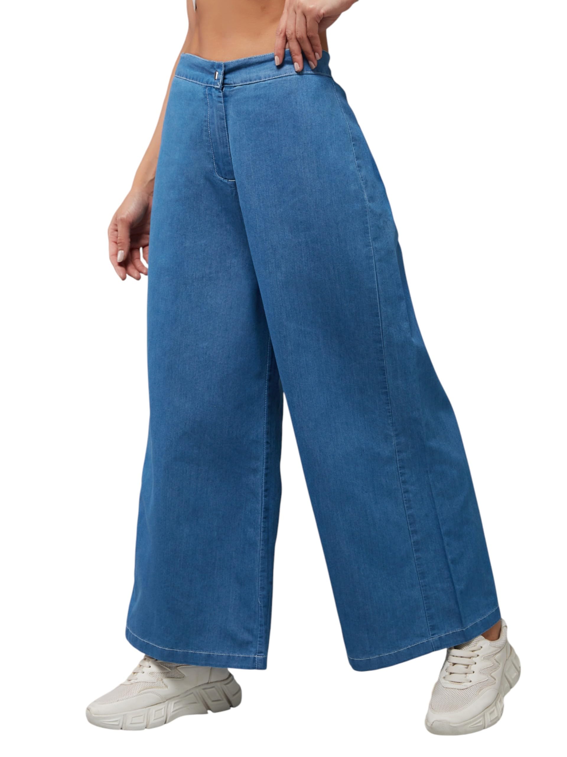 Miss Chase WomenS Mid-Blue Wide-Leg High Rise Clean Look Regular Length Denim Pants (Mcaw18Den07-03-303-26, Mid-Blue, 26)