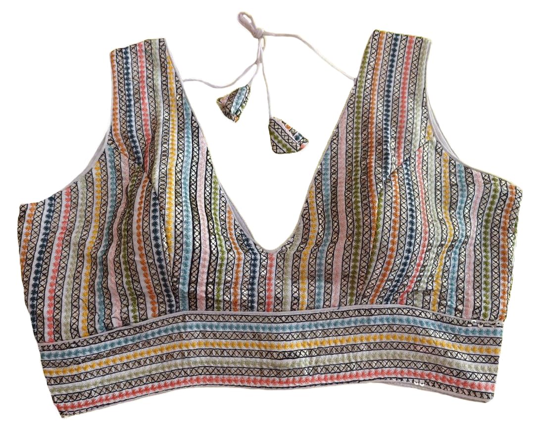Pujia Mills Womens Sleeveless Readymade sabyasachi Pattern V Neck Blouse Embroidery Work with Sequence Blouse Indian Ethnic wea