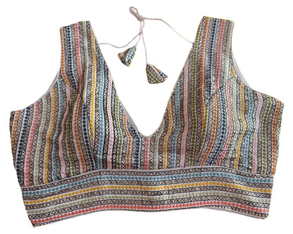 Pujia Mills Womens Sleeveless Readymade sabyasachi Pattern V Neck Blouse Embroidery Work with Sequence Blouse Indian Ethnic wea