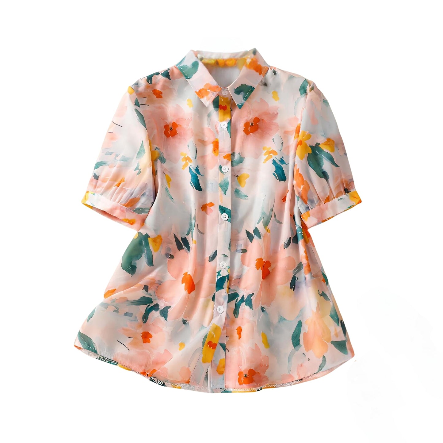 Gufrina WomenS Peach Floral Printed Button-Down Shirt With Collar Neck And Half Sleeves | Lightweight Relaxed Fit Shirt For Cas