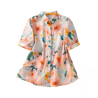 Gufrina WomenS Peach Floral Printed Button-Down Shirt With Collar Neck And Half Sleeves | Lightweight Relaxed Fit Shirt For Cas