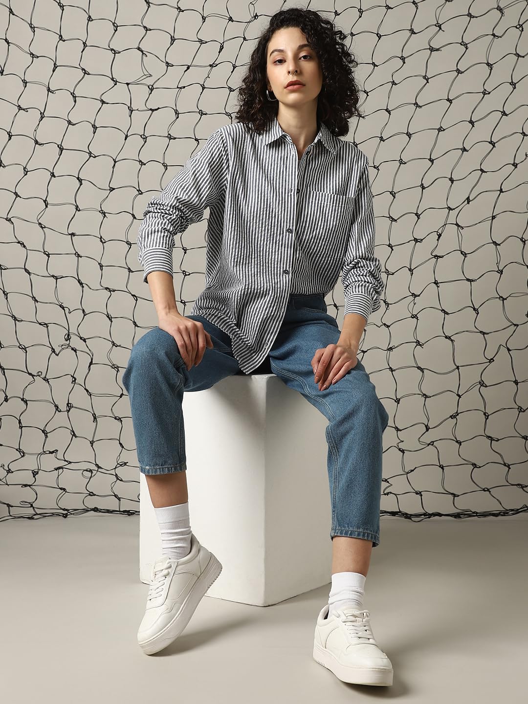 Hubberholme Women Cotton Schiffli Oversized Fit Spread Collar Full Sleeves Shirts