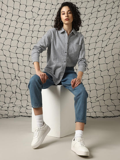 Hubberholme Women Cotton Schiffli Oversized Fit Spread Collar Full Sleeves Shirts