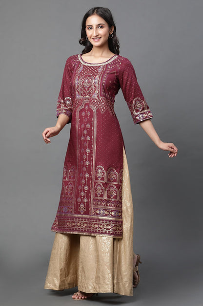 Aurelia Maroon Geometric Printed Printed Lace Cotton Regular Kurta for Women