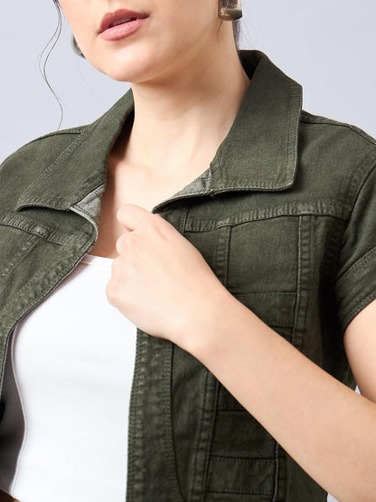 Style Quotient Women Olive Open Front Denim Shrug