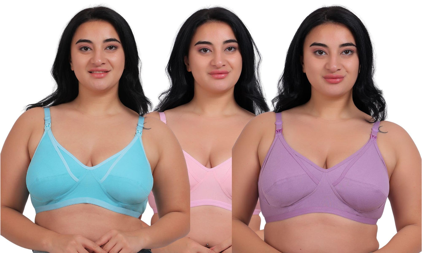 Fabme WomenS Cotton Wire Free Casual Nursing Bra (Pack Of 3) (Po3-Br_14_Seagreen, Lavender, Pink