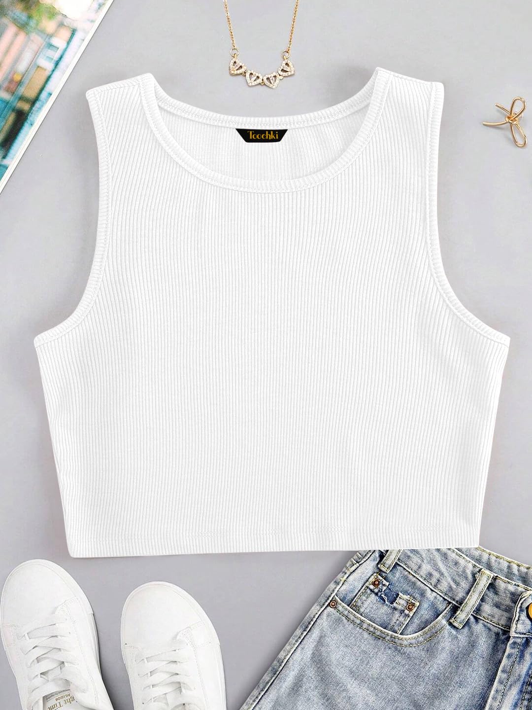 Toochki Tops for Woman | Spandex Top | Crop | Short | Western | for Jeans | Sleeveless | Stretchable | White