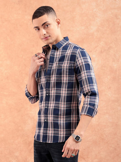 The Indian Garage Co Men Navy Checkered Slim Fit Cotton Casual Shirt