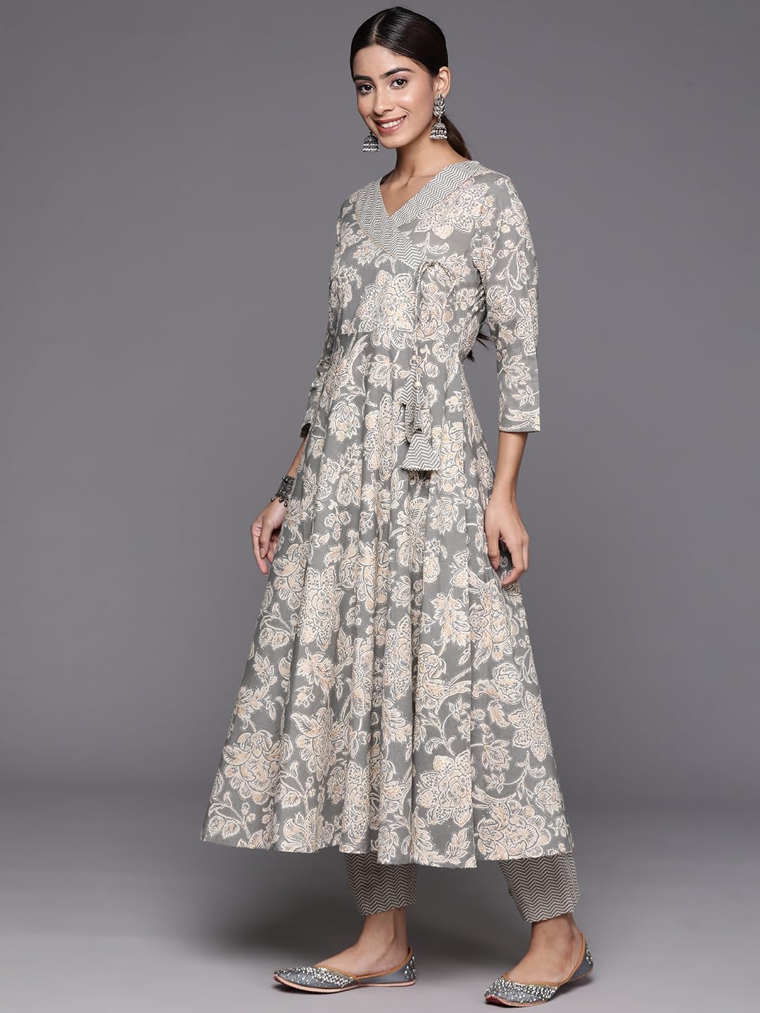 Varanga Women Grey Floral Printed Angrakha Style Anarkali Kurta Paired with Printed Bottom.