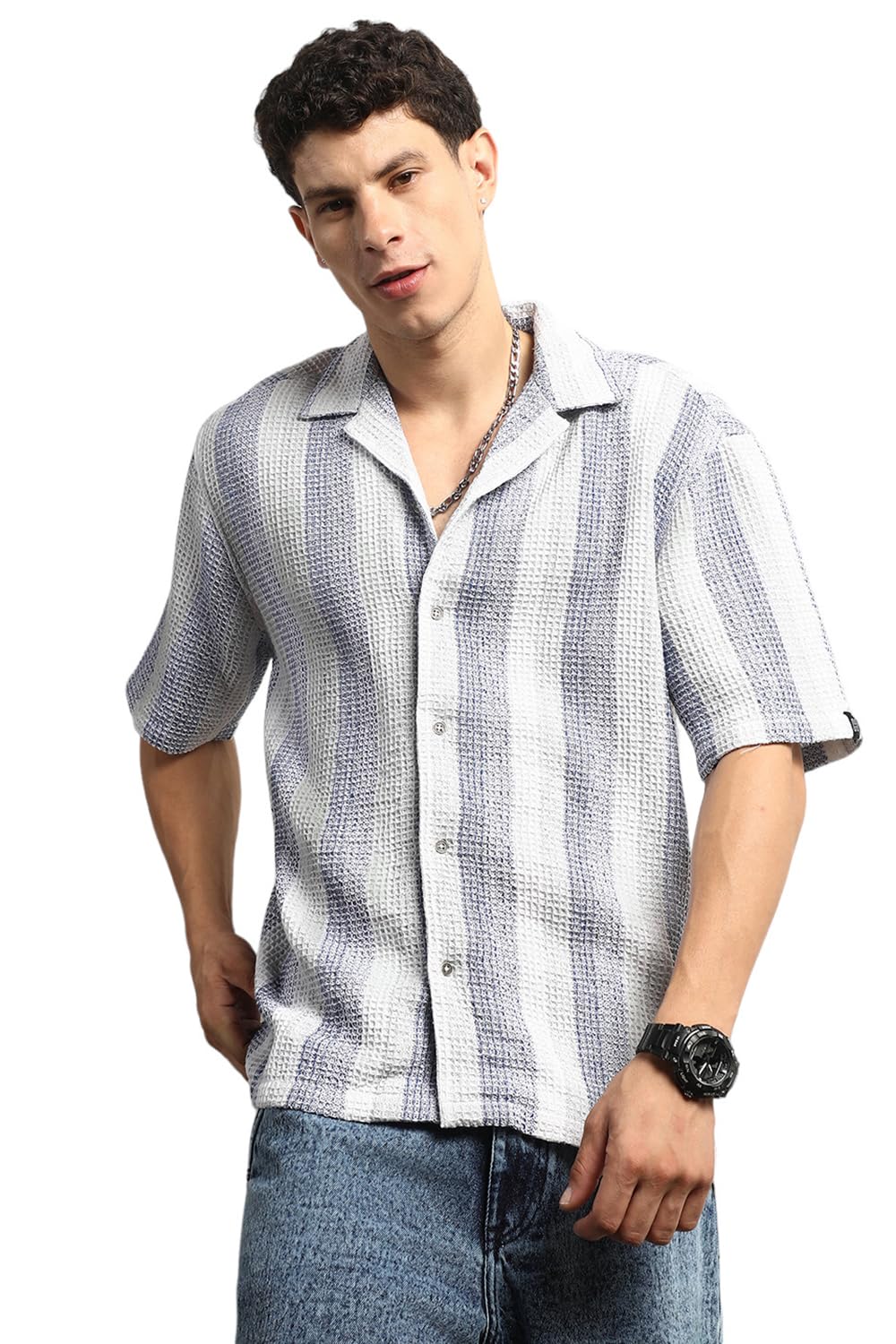Hubberholme Men Summer Cotton Spread Collar Short Sleeves Oversized Casual Shirt 27 Blue